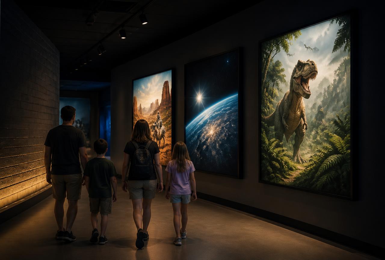 A family walking down a dim pre-entrance hallway lined with lit posters of a wild west canyon, Earth from orbit, and a dinosaur jungle before the corridor turns left