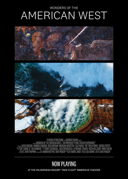 Official poster for Wonders of the American West: three aerial film stills of canyon country, a surfer in a breaking wave, and a geothermal spring