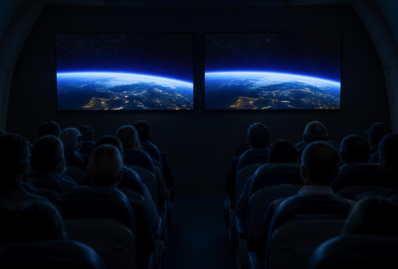 A dark briefing room seen from behind two rows of airplane seats filled with seated guests, facing two large screens showing Earth from orbit