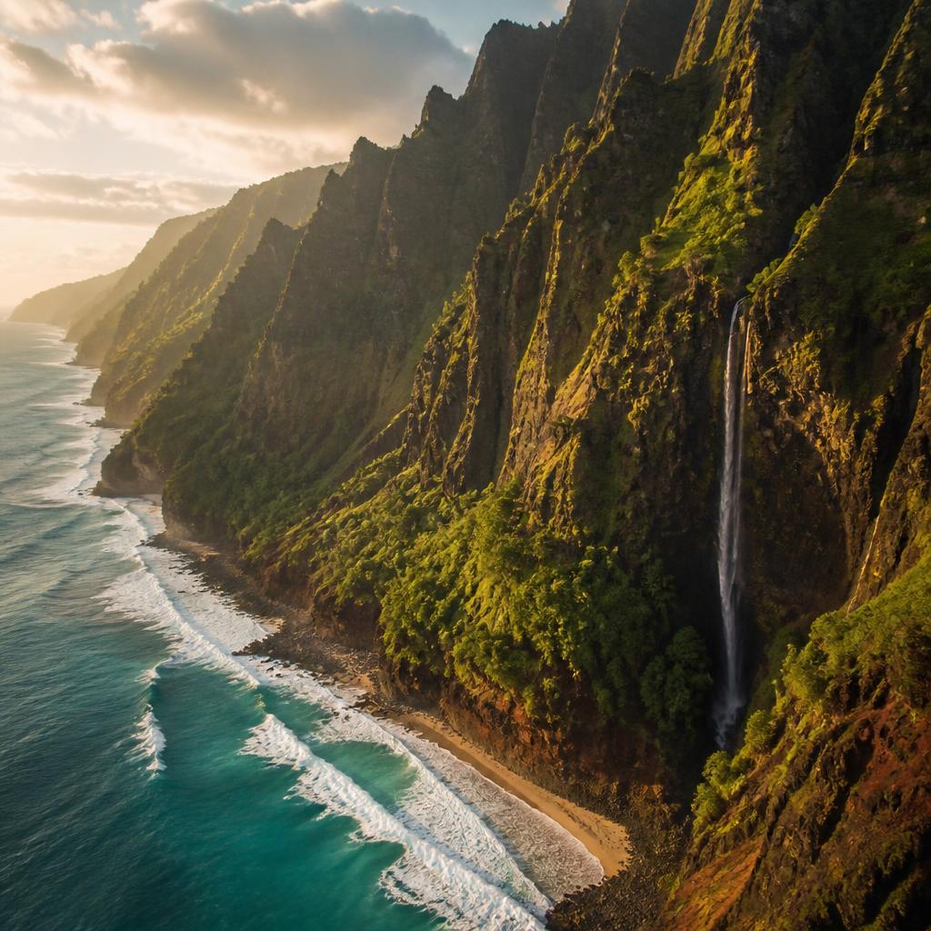 Aerial view of Hawaii's sea cliffs, waterfalls, and turquoise surf